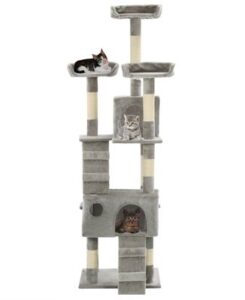 Kattställning 170 cm hög med tre hyllor att ligga på och två hus.